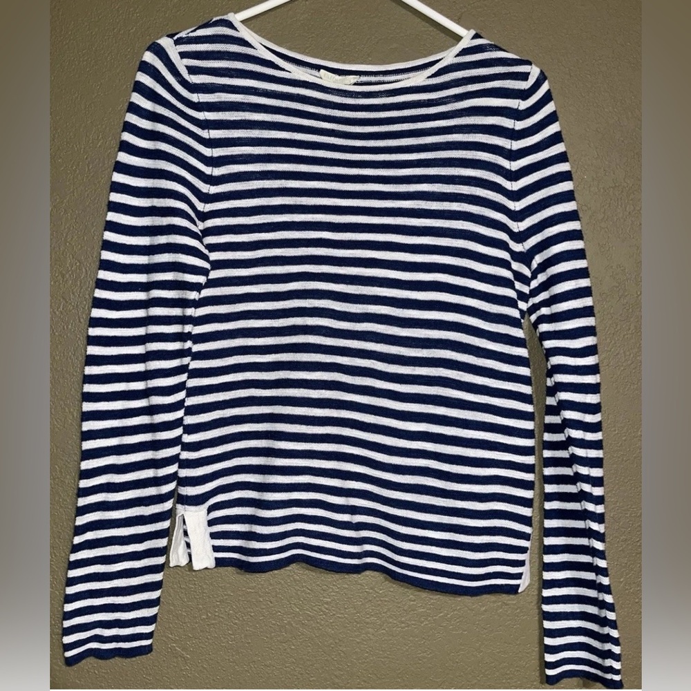 EILEEN FISHER Blue White Stripe Linen Blend Sweater